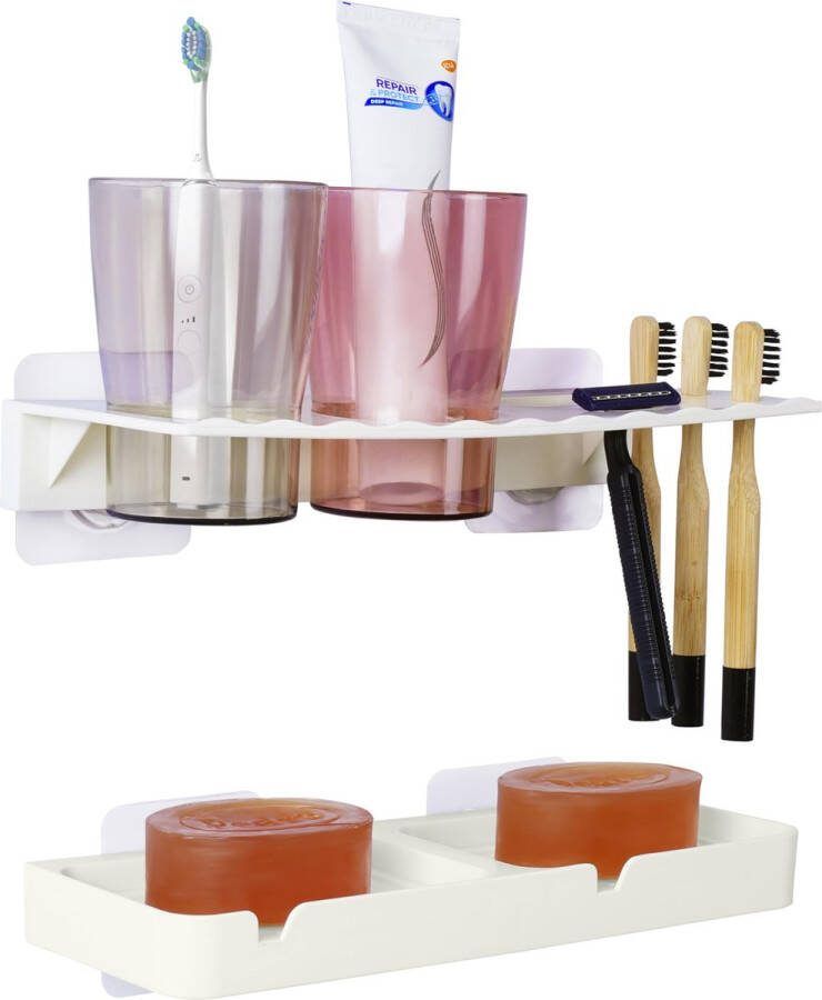 BELLE VOUS Muur Gemonteerde Tandenborstel & Zeephouder Zelfklevende Badkamer Organizer en Spoelbekers voor Elektrische Tandenborstel Tandpasta & Accessoires