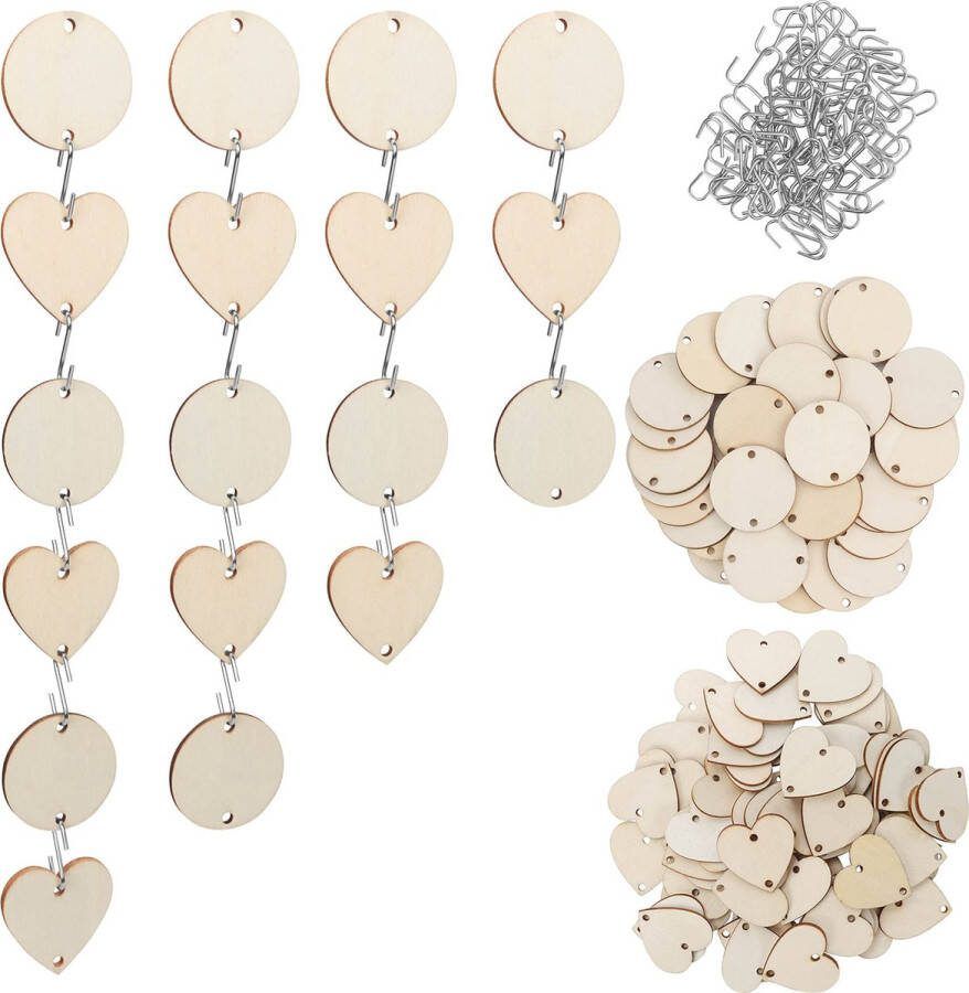 BELLE VOUS Onbewerkt Houten Hart & Ronde Snedes met S-Haken (240 Pak) – Voorgeboorde Natuurlijk Houten Stamstukken – DIY Kunst Verjaardag Werkbord Labels Kerst Ornamenten & Huwelijk Decoraties