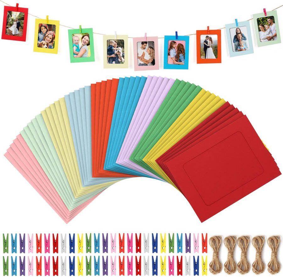 BELLE VOUS Papieren Fotolijsten met Touw en Clips om op te Hangen 11 5 x 15 3 cm DIY Hangend Foto Album Fotolijsten voor Huis School Kantoor of Feest Muurdecoratie 10 Kleuren