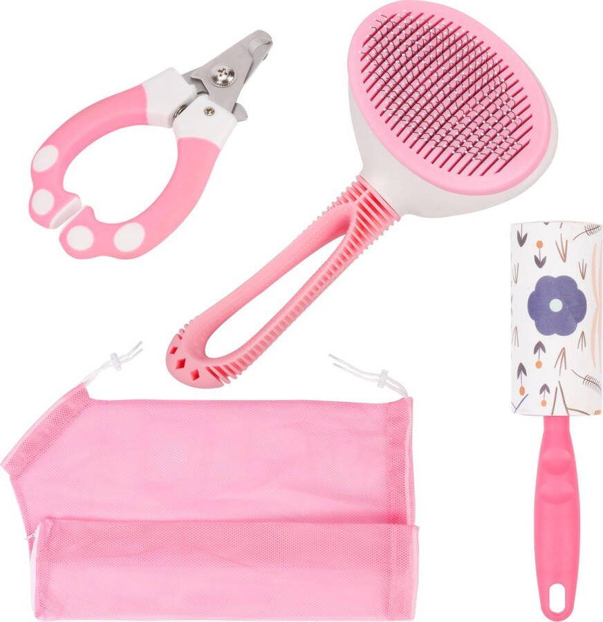 BELLE VOUS Roze Alles in Een Dieren Verzorg Set Zelfreinigende Verharingsborstel Nagelschaar Badzak en Lintroller voor Lange- en Kortharige Katten of Honden