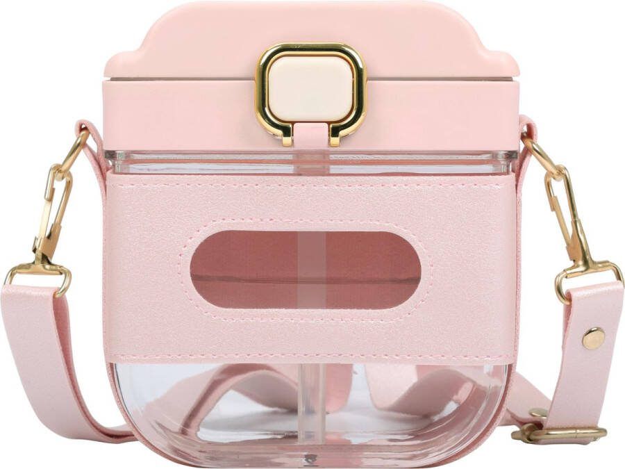 BELLE VOUS Roze Vierkante Waterfles met Aanpasbare Strap & Riet 700 ml Herbruikbare Plastic Waterfles Lek- & BPA-vrij Draagbaar Reis Drinkfles voor School Sport Gym & Kantoor