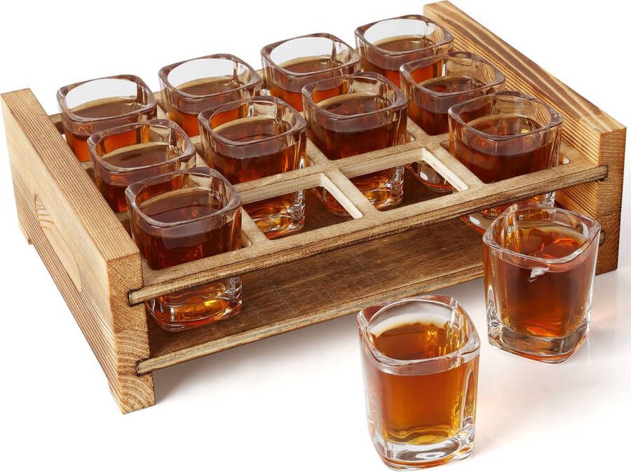 BELLE VOUS Set met 12 Shotglazen en Verbrand Houten Serveer Tray 60 ml Doorzichtig Glazen met Verzwaarde Basis Shotglazen Houder Set voor Whiskey Likeur Tequila Wodka & Cocktails