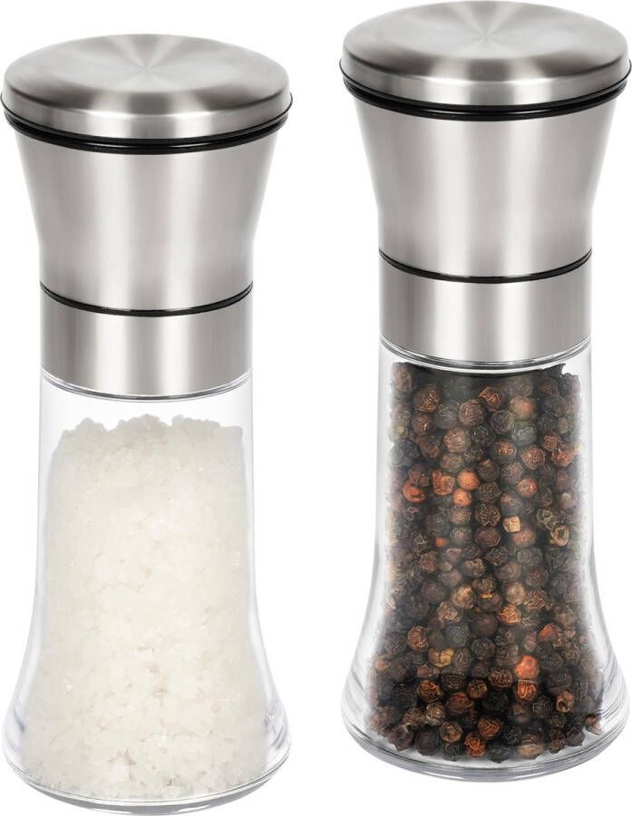BELLE VOUS Set van 2 chroomzout- en pepermolens keramische slijpmachines met verstelbare grofheid gemakkelijk schoon te maken navulbare keukenshakers voor zeezout en peper glazen behuizing