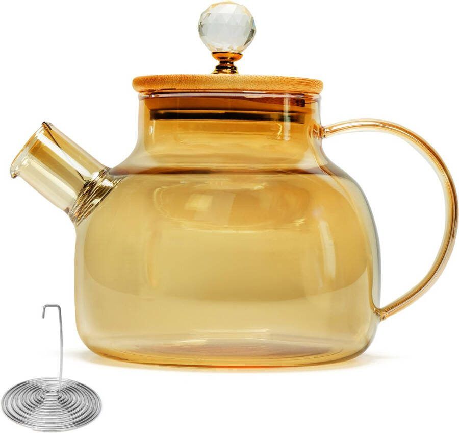 BELLE VOUS Standaard Glazen Theepot met Bamboe Deksel 1 l Borosilicaat Glazen Kan met Inleg Verwijderbare Zeef Werkblad Veilige Ketel met Filter Trechter voor Losse Bladeren Theebloemen