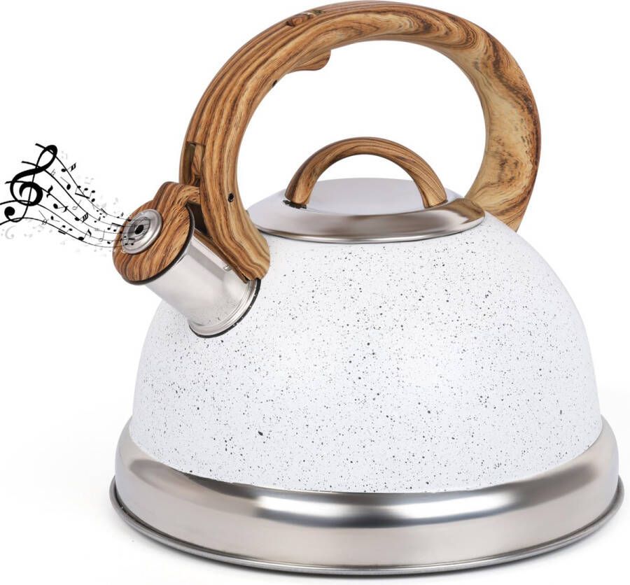 BELLE VOUS White Texture Whistling Tea Kettle 3L Tea Pot for Stovetop Induction Hob Stainless Steel Hot Water Camping Kettle Teapot for Tea Coffee
