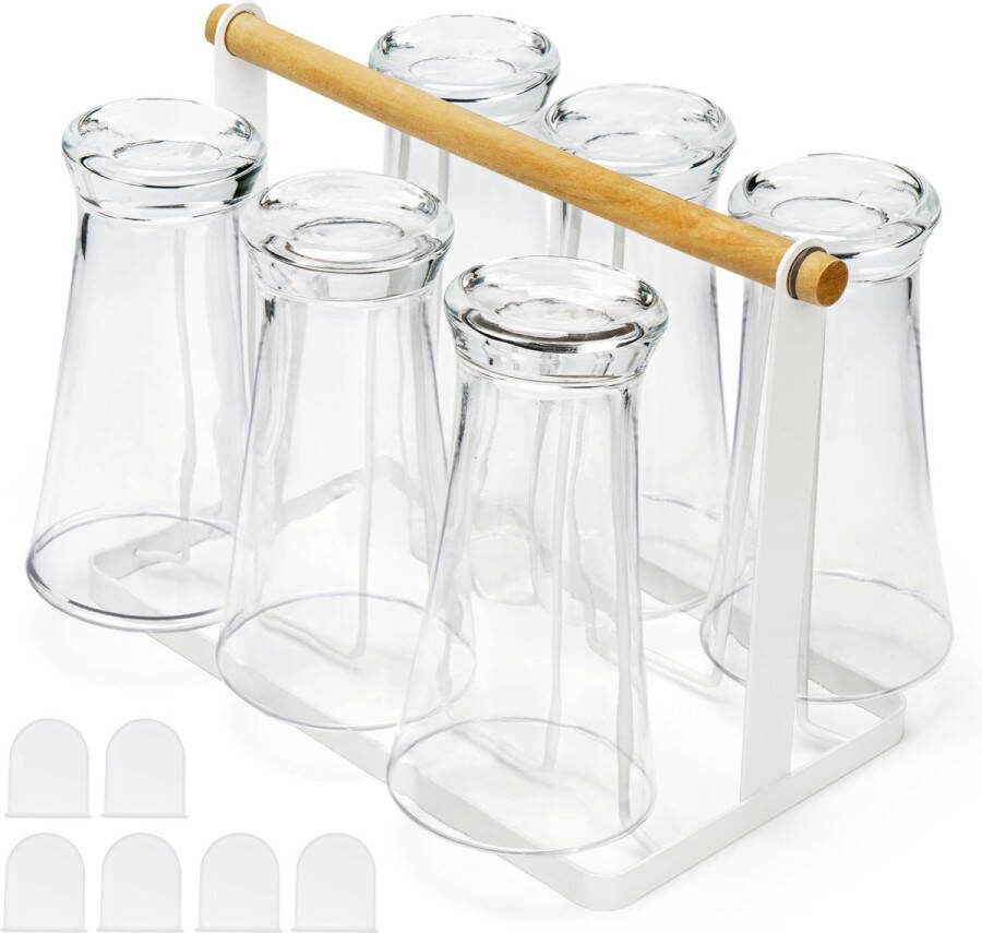 BELLE VOUS Wit Glazen Hanger Houder Metalen Tafeltop Stamwaren Rek met 6 Drooghaken Vrijstaand Druiprek Opslag en Display Organizer