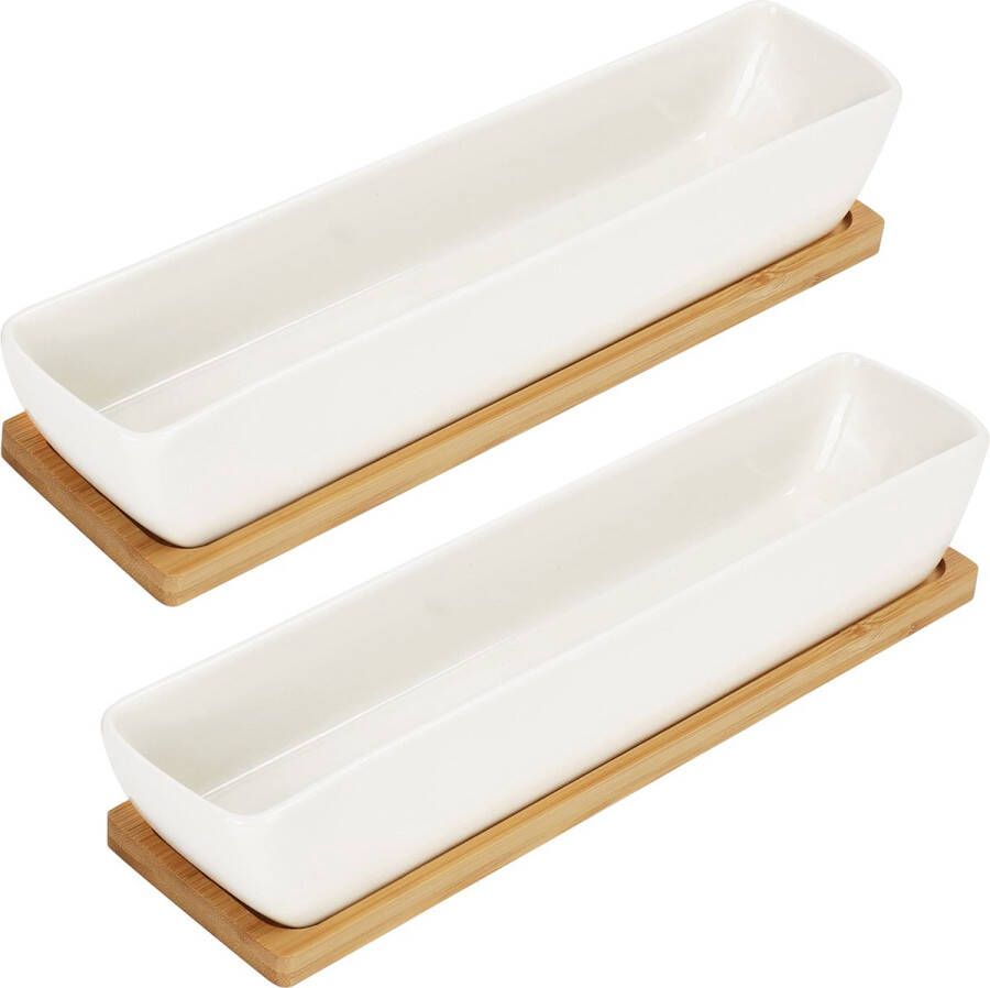 BELLE VOUS Wit Keramische Rechthoekige Vetplanten Potten met Bamboe Bakken (2 Pak) L24 x B5 5 x H4 cm Binnen Buiten Planters voor Huis Kantoor & Bureau Tafel