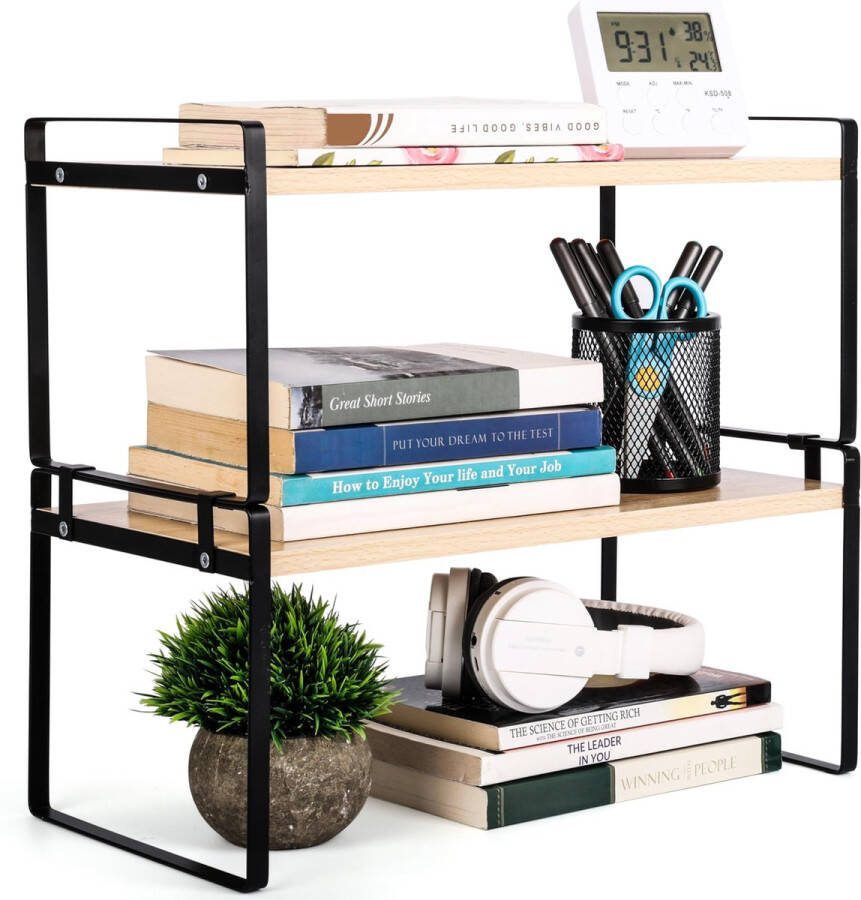 BELLE VOUS Wooden Desktop Organiser Shelf Stackable 2-Tier Storage Rack for Home Table Kitchen or Desk Freestanding Display Shelf for Books Decor or Office Supplies Brown and Black