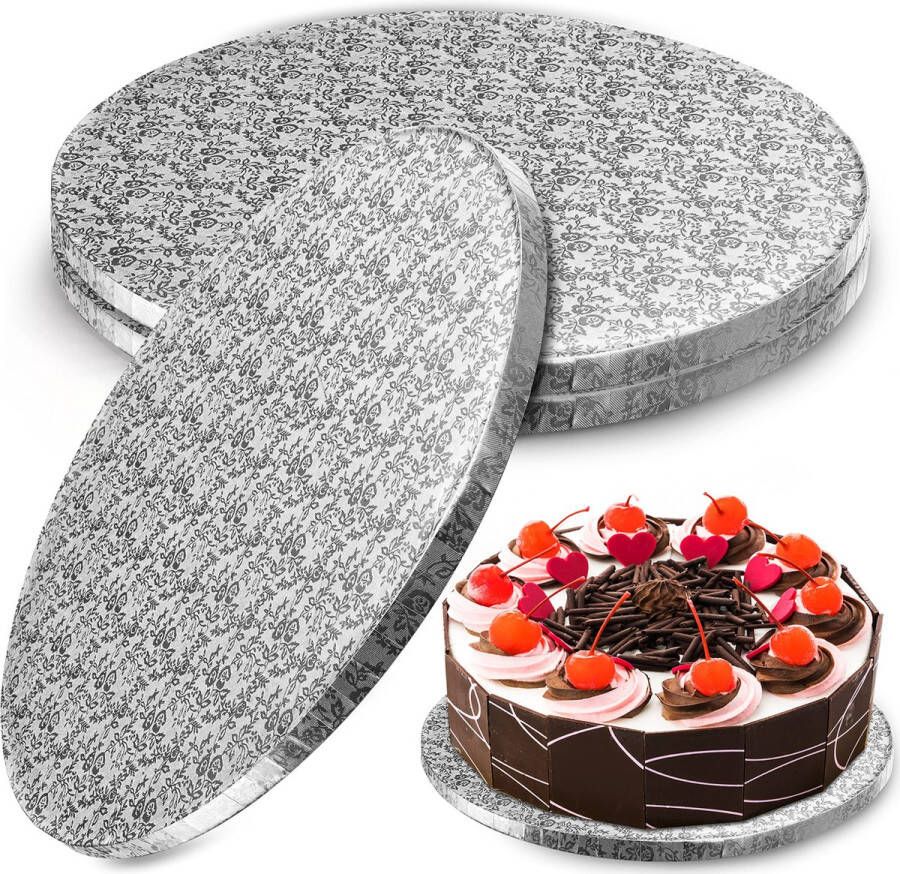 BELLE VOUS Zilver Ronde Cake Borden (3 Pak) 35 cm 13 mm Dikke Verwijderbare Cakeborden Kartonnen Cake Pizza Cirkels met Professionele Rechte Randen