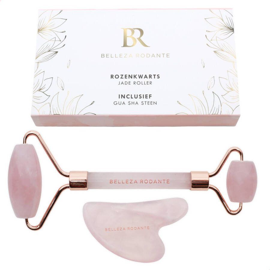 Belleza Rodante Rozenkwarts Jade Roller & Gua Sha steen Gezichtsroller Gezichtsmassage Rose Quartz Steen der liefde Met Giftbox Cadeautip