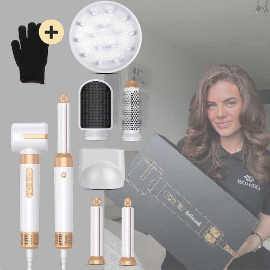 Bellezabo Föhn Fohnborstel Krultang Krulborstel Airstyler Multistyler Stijlborstel Warmteborstel met Coanda effect Krultang 7 in 1 Krultang 5 in 1 Goud Wit