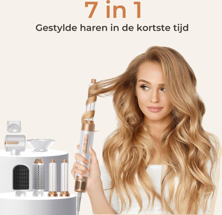 Bellezabo Multistyler Ultimate 7 in 1 met Diffuser Krultang Extra krachtig Föhnborstel Stijltang Krulborstel Automatische krultang Haardroger met borstel Wit Goud