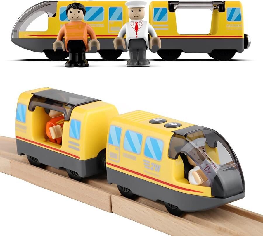 Belmarkt Elektrische locomotief spoorbaan op batterijen werkende locomotief krachtige motortrein compatibel met Thomas Brio Chuggington speelgoed voor kinderen peuters jongens geel