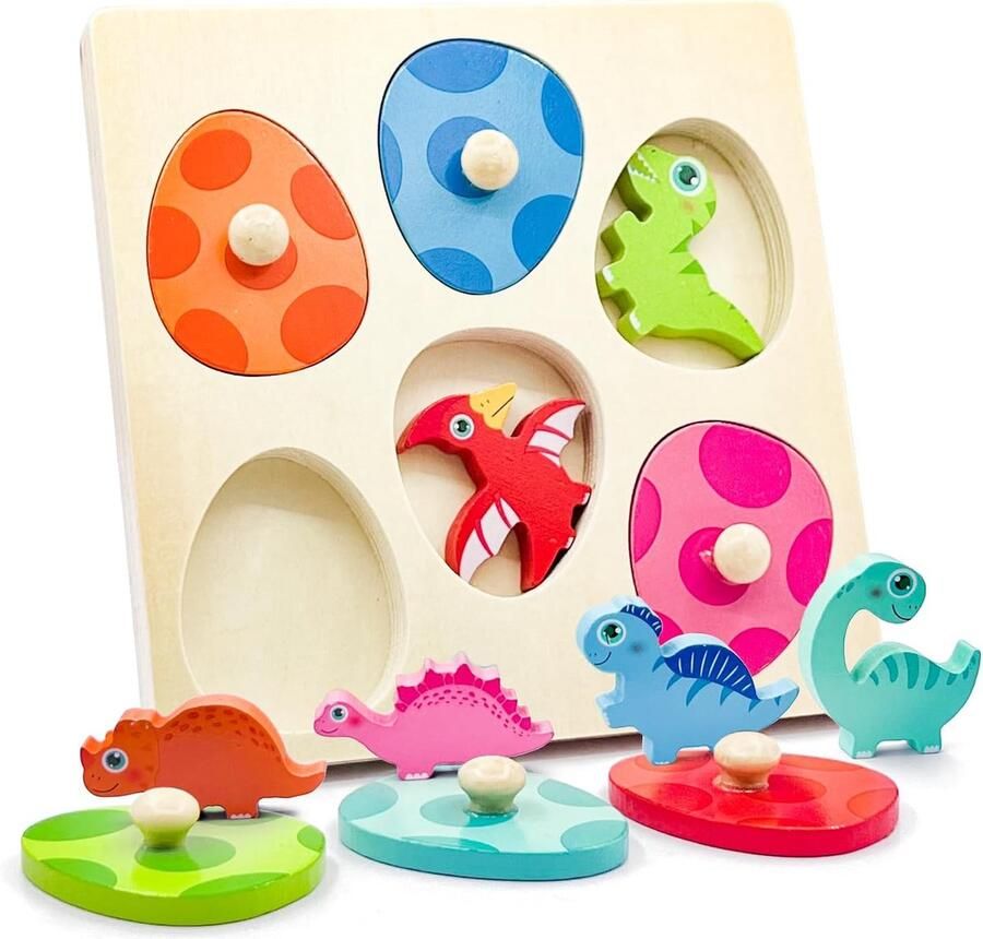 Belmarkt Montessori Houten puzzel vanaf 1 jaar dino-eieren houten speelgoed kinderdinosaurus jigsaw grijppuzzel motoriekspeelgoed sorteerspel babycadeau meisjes en jongens