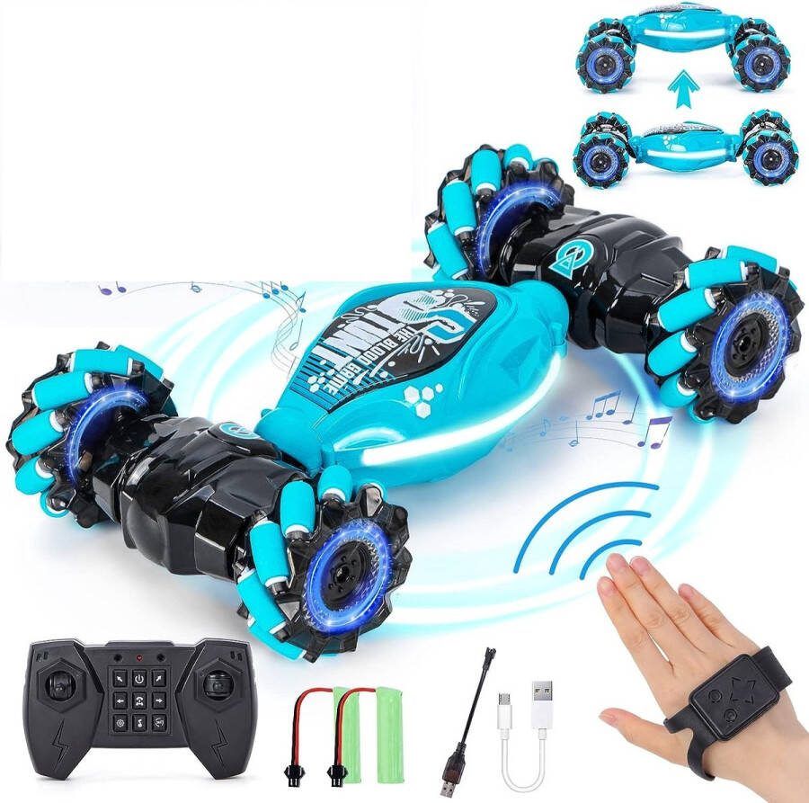 Belmarkt Gestenoperatie RC auto voor kinderen 4WD 2 4 GHz op afstand bestuurde auto vanaf 6 7 8 9 10 11 12 jaar dubbelzijdig roterende off-road RC Twist Car 360° flips met licht en muziek cadeaus voor kinderen