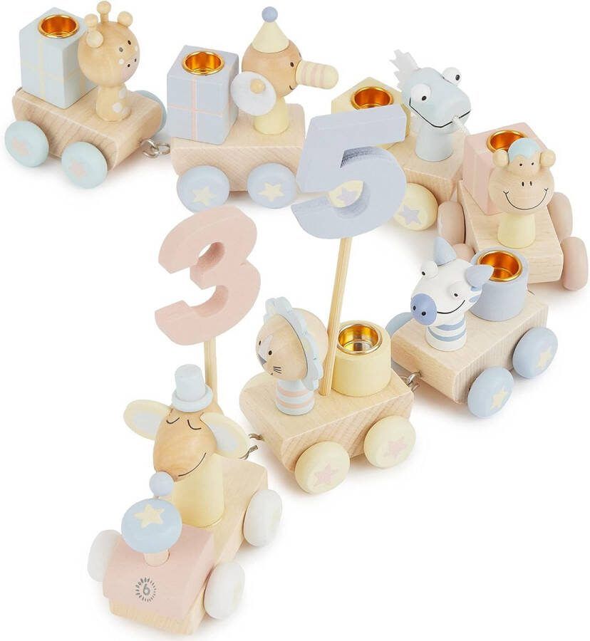 Belmarkt Houten verjaardagstrein Candy Look 0-99 jaar houten getallen 28-delig lengte ca. 48 cm kaarsen verjaardagstrein houten trein kinderverjaardagstrein hout verjaardagskaarsen cijfers