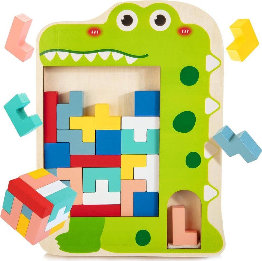 Belmarkt Montessori Multifunctioneel Tetris houten speelgoed Tangram puzzel 3-in-1 patroon blokkeert brain teasers spel tablet-activiteiten 3D-piecing bricks vanaf 2 3 4 jaar kinderen