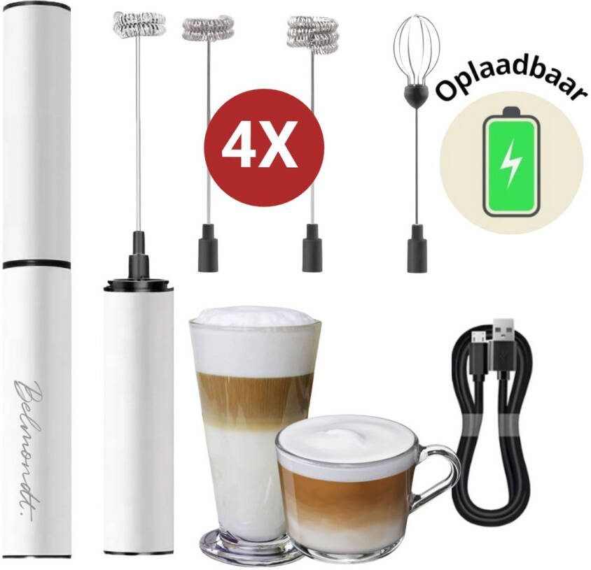 Belmondt © Elektrische Melkopschuimer USB oplaadbaar- 4 opzetstukken- Wit