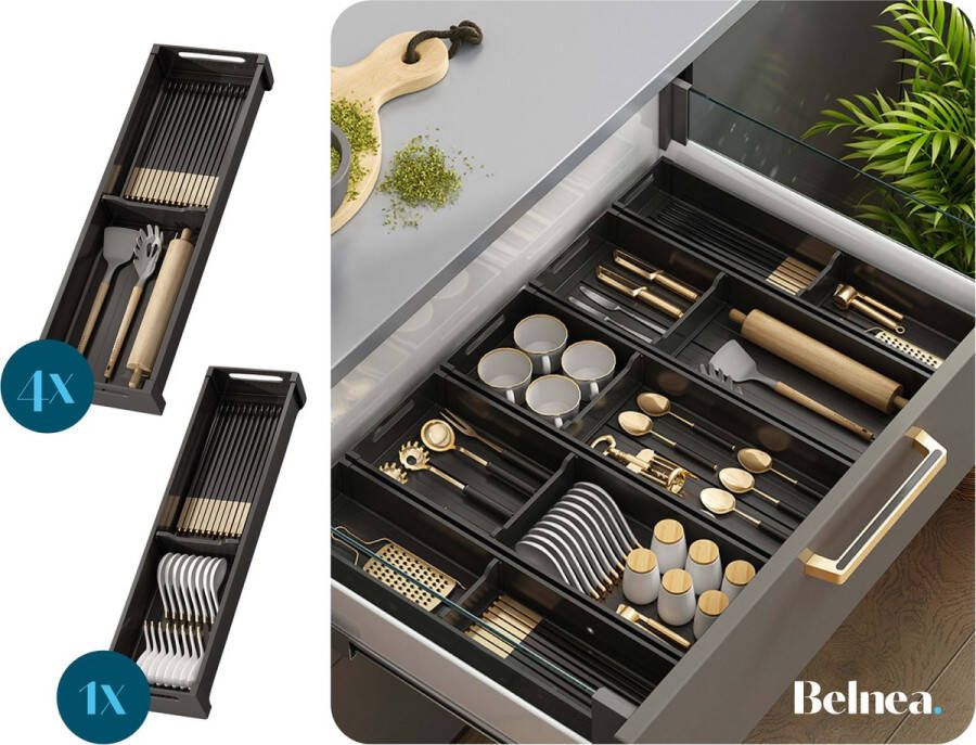 Belnea Luxe Modulaire Besteklade Organiser Krasbestendig Volledig Aanpasbaar Aluminium Zwart Besteklade Inrichting 46x70 CM Bestekbak