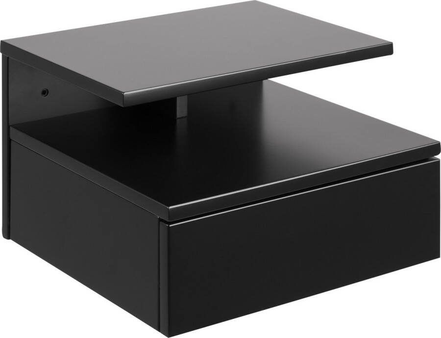 Hioshop Ashly nachtkastje wandmontage met 1 plank 1 lade zwart.