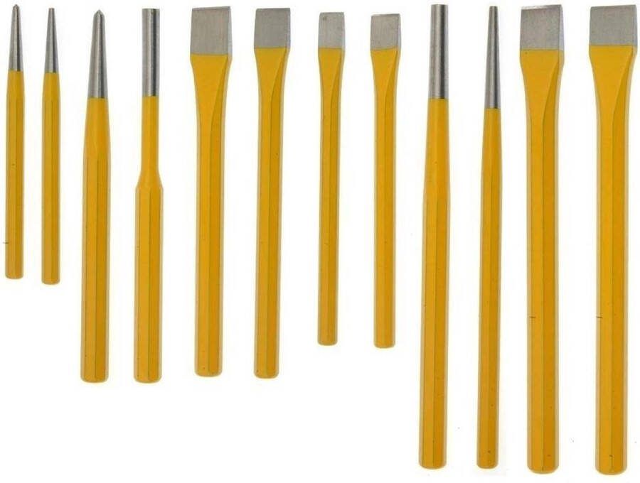 Benson 12-delige beitel- en drevelset achthoekig staal gele dip-coating inclusief opberghoes