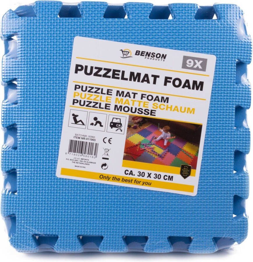 Benson Blauwe Puzzel Vloertegels Foam 30 x 30 cm Puzzel Speelmat 9 stuks (Blauw)