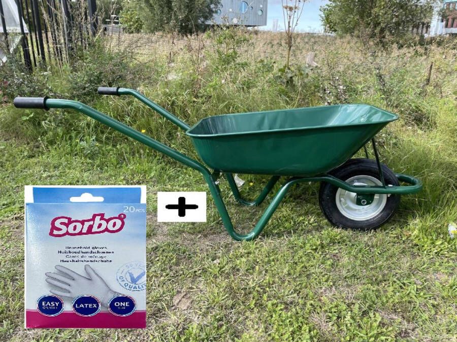 Benson Kruiwagen Metaal Groen 60 Liter & 20 Sorbo Latex Wegwerphandschoenen Stevig