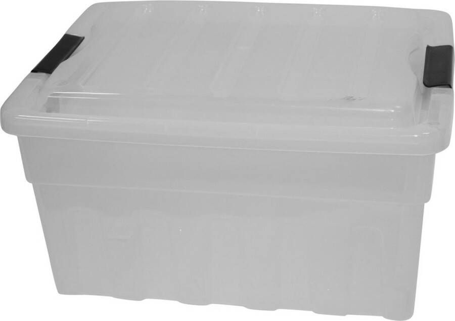 Benson Ruime opbergbox met deksel 32 liter transparant zwarte clips 47 x 35 x 26 cm