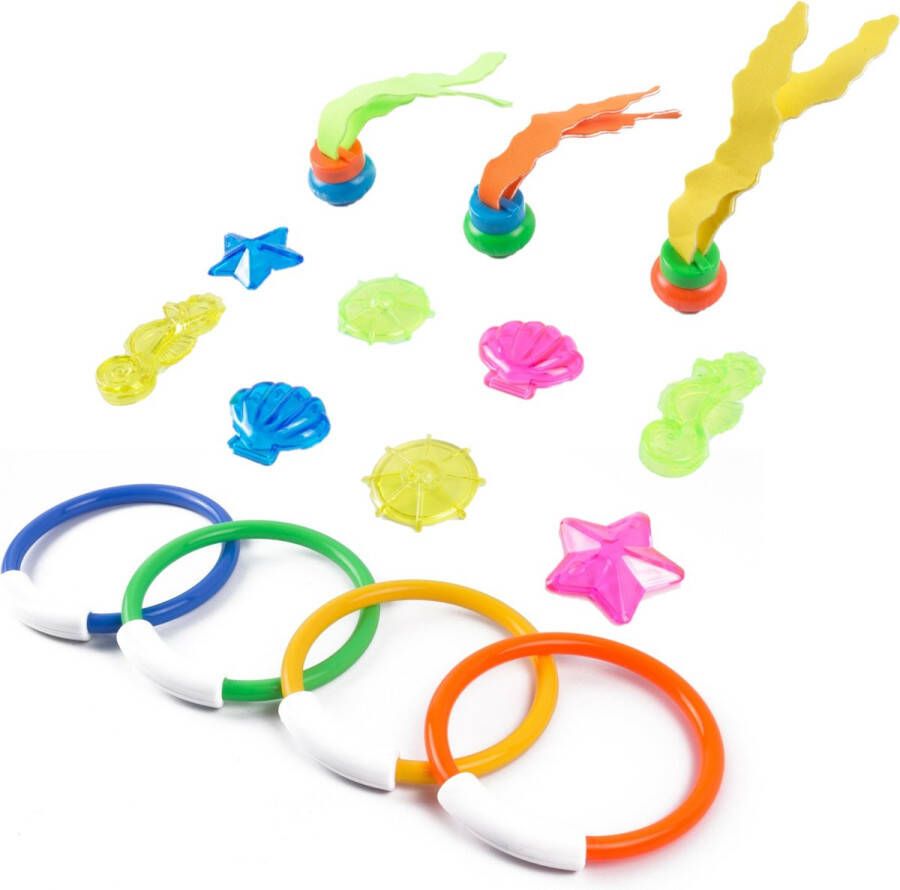 Benson Set van 15x stuks gekleurde duikspeeltjes van kunststof Zwembad speelgoed Waterspeelgoed Duikspeelgoed