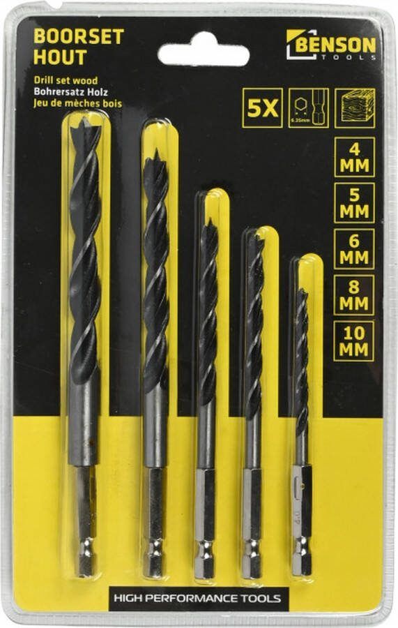 Benson Tools Benson borenset houtborenset 6-kant houtboren 4 5 6 8 en 10 mm