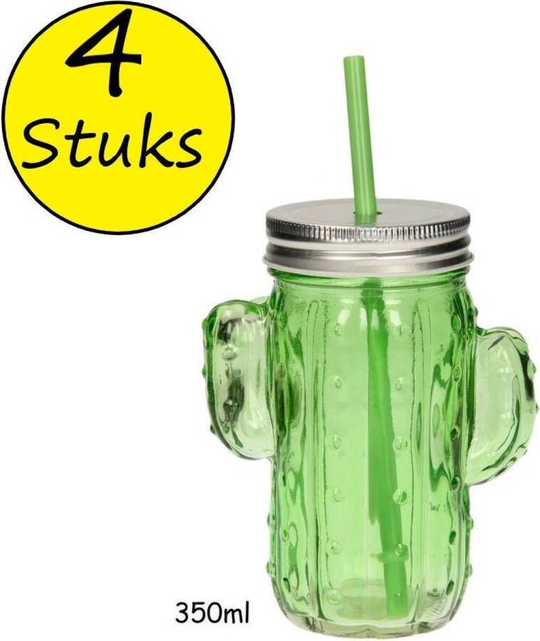 Benza Glazen cactus drinkglas met deksel en rietje 350ml lichtgroen 4 stuks