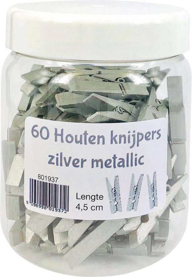 Benza Houten Kerst knijper wasknijpers Wenskaart zilver 4 5 cm 60 stuks