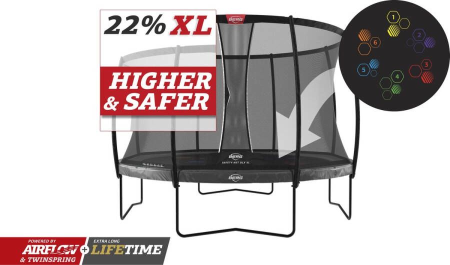 BERG Trampoline Elite Levels met Veiligheidsnet Safetynet Deluxe XL 430 cm Grijs met Airflow Twinspring