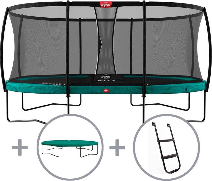BERG Trampoline Grand Champion met Veiligheidsnet Safetynet Deluxe 470 x 310 cm Groen TwinSpring Airflow Voordeel pakket Met Ladder en Afdekhoes Groen
