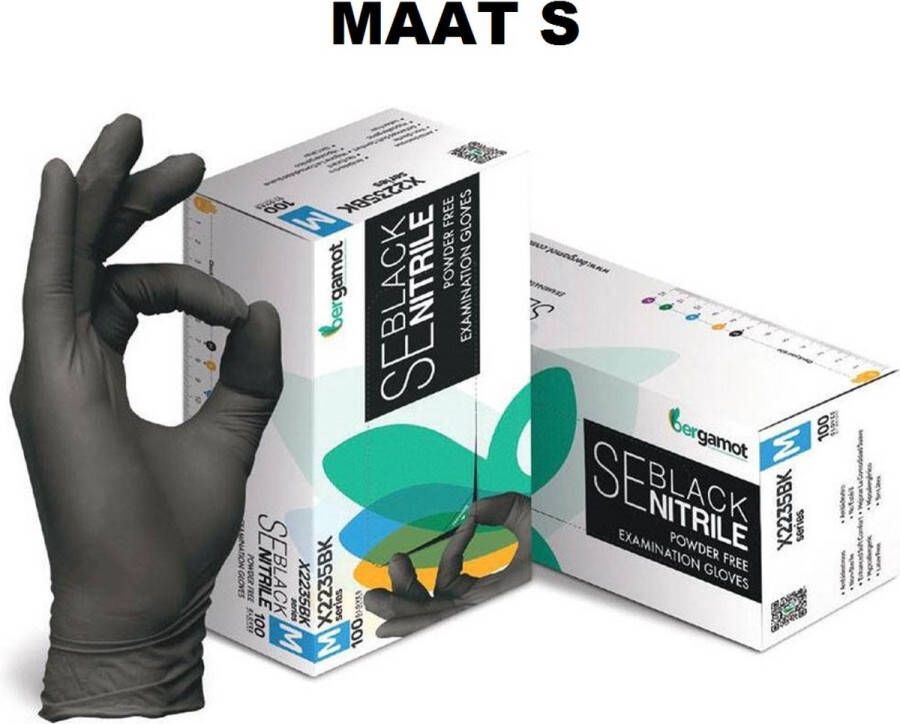 Bergamont Nitril wegwerp handschoenen maat S kleur zwart 100 stuks merk Bergamot X2235BK CAT III 0.05mil