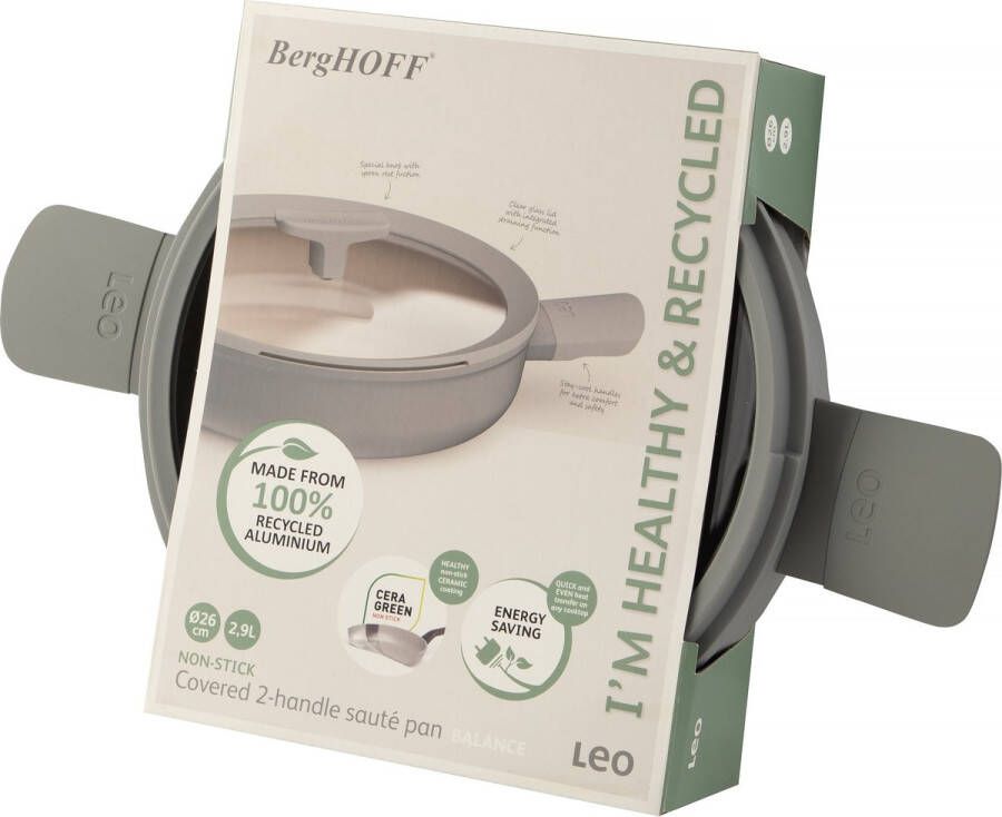 BergHOFF LEO Sauteerpan antikleef met dubbele handgreep en deksel Balance Moonmist Ø 26cm Grijs PFAS-vrij