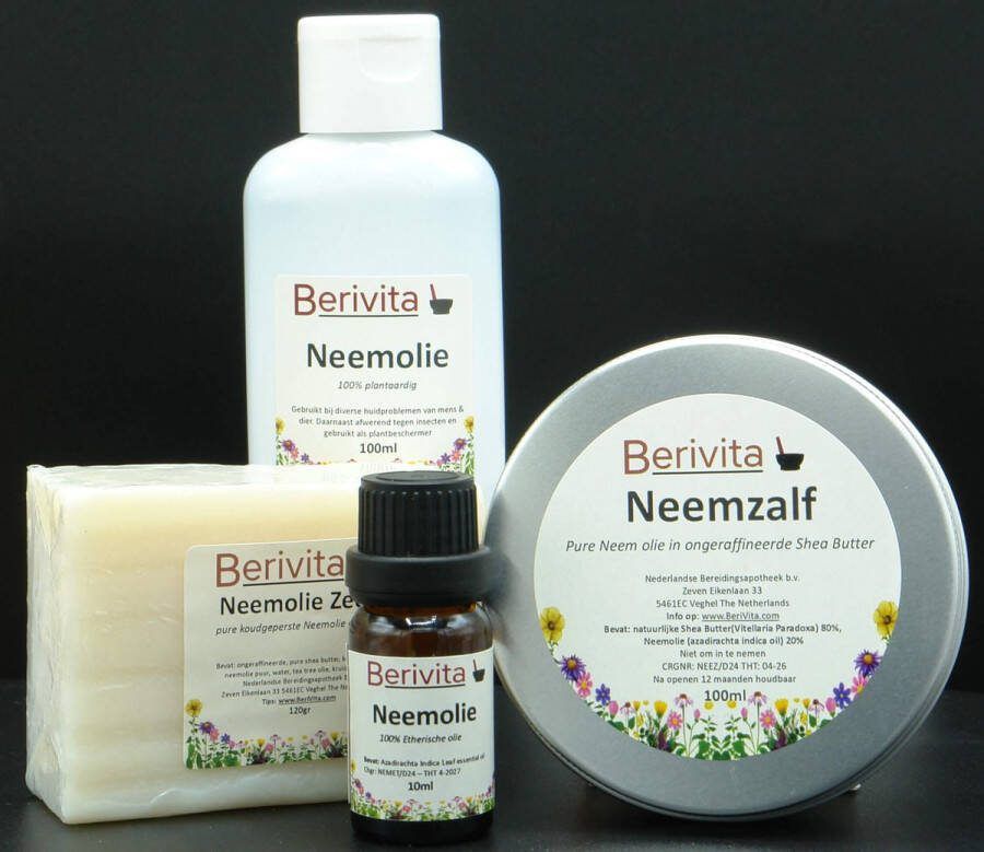 Berivita Neemboom Producten van Neem boom Azadirachta Indica uit India Set 4 Artikelen van voor Mens Dier en Plant Neemolie 100ml Neem Poeder 100gr Neem Olie Zeep en Neem Bladeren