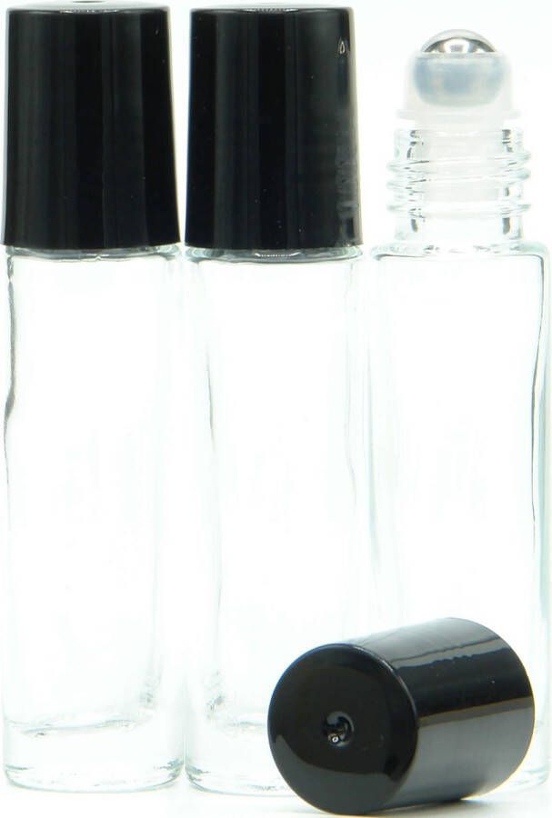 Berivita Rollerflesjes Glas 10ml Leeg 10 stuks Roll-on Transparant Glas Rollerflesje- RVS Bal Helder Zwarte Dop Etherische Olie Parfumrollers