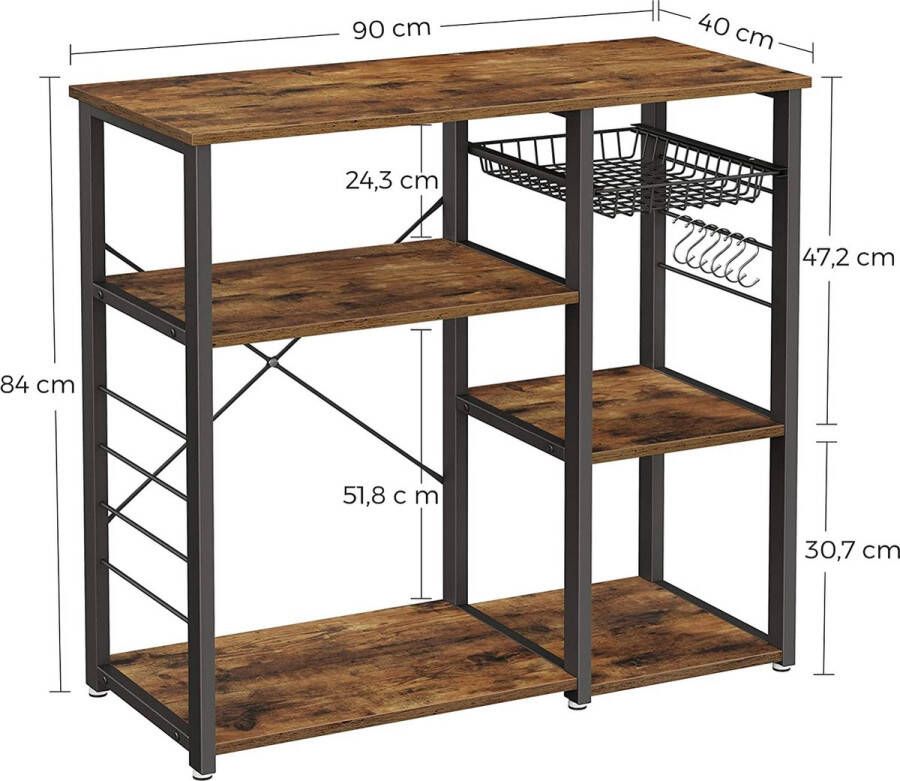 Berkatmarkt metalen keukenplank stabiele staande plank plaatsbesparende magnetronplank met stalen frame en draadmand met 6 haken industriële vormgeving houtlook vintage bruin-zwart KKS90X