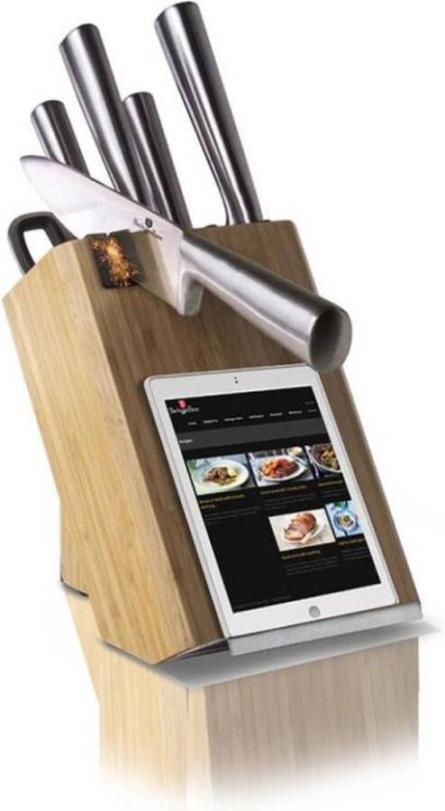 Berlinger Haus 2467 8 delige messenset RVS Bamboe station kookboek of tablet houder ingebouwde messenslijper Black Silver Collection