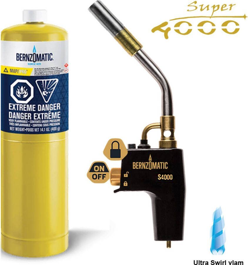 Bernzomatic SUPER4000 SET Premium gasbrander met piëzo en “Ultra Swirl” vlam zonder regelknop voor oa sous vide hardsolderen en krimpen inclusief 1 PRO MAX wegwerpcilinder Kamado Green Egg aansteker