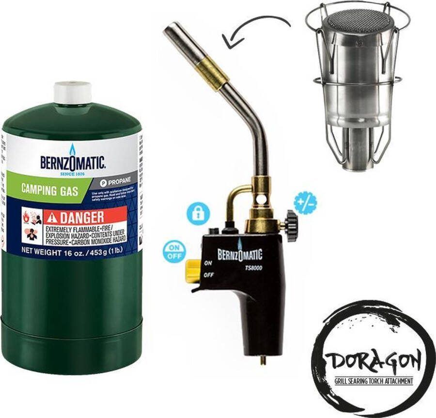 Bernzomatic TS8000 Sous-vide set gasbrander met piëzo 1x PROPAAN wegwerpcilinder TX916 FAT en Doragon Searing voorstuk