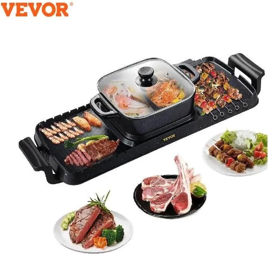 Beroli Vevor 2 in 1 Elektrische BBQ Pan Grill Gourmet Hot Pot 2400W Multifunctionele Thuis Draagbare Rookloze Anti-aanbak Afneembare Hot Pot Barbecue Plaat