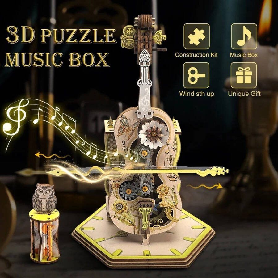 Beroli Magic Cello 3D Puzzel 179-delig Hout Mechanisch Muziek box Geen lijm voor nodig 3d puzzels voor volwassenen