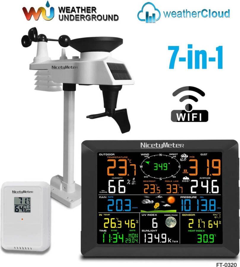Beroli Nicetymeter 2024 model 7 in 1 Draadloze Weerstation 10 Inch Groot Display Indoor Thermo-Hygrometer Regenmeter Windsnelheid 8 Kanaalsteunen