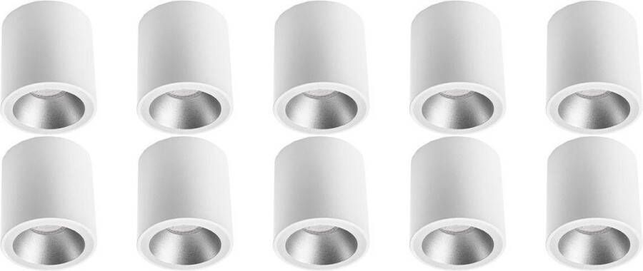 BES LED Opbouwspot 10 Pack Pragmi Cliron Pro GU10 Fitting Opbouw Rond Mat Wit Zilver Aluminium Verdiept Ø90mm