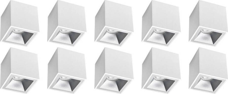 BES LED Opbouwspot 10 Pack Pragmi Cliron Pro GU10 Fitting Opbouw Vierkant Mat Wit Zilver Aluminium Verdiept Ø90mm