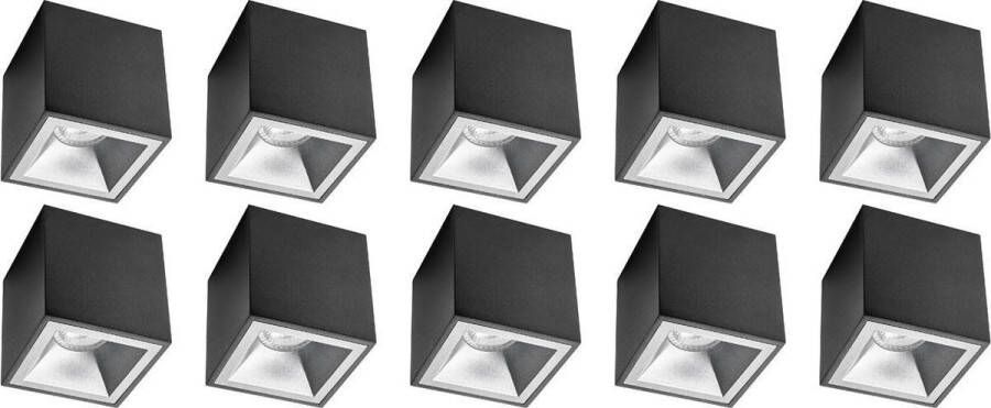 BES LED Opbouwspot 10 Pack Pragmi Cliron Pro GU10 Fitting Opbouw Vierkant Mat Zwart Zilver Aluminium Verdiept Ø90mm