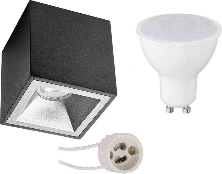 BES LED Opbouwspot Set Pragmi Cliron Pro GU10 Fitting Dimbaar Opbouw Vierkant Mat Zwart Zilver 6W Helder Koud Wit 6400K Verdiept 90mm