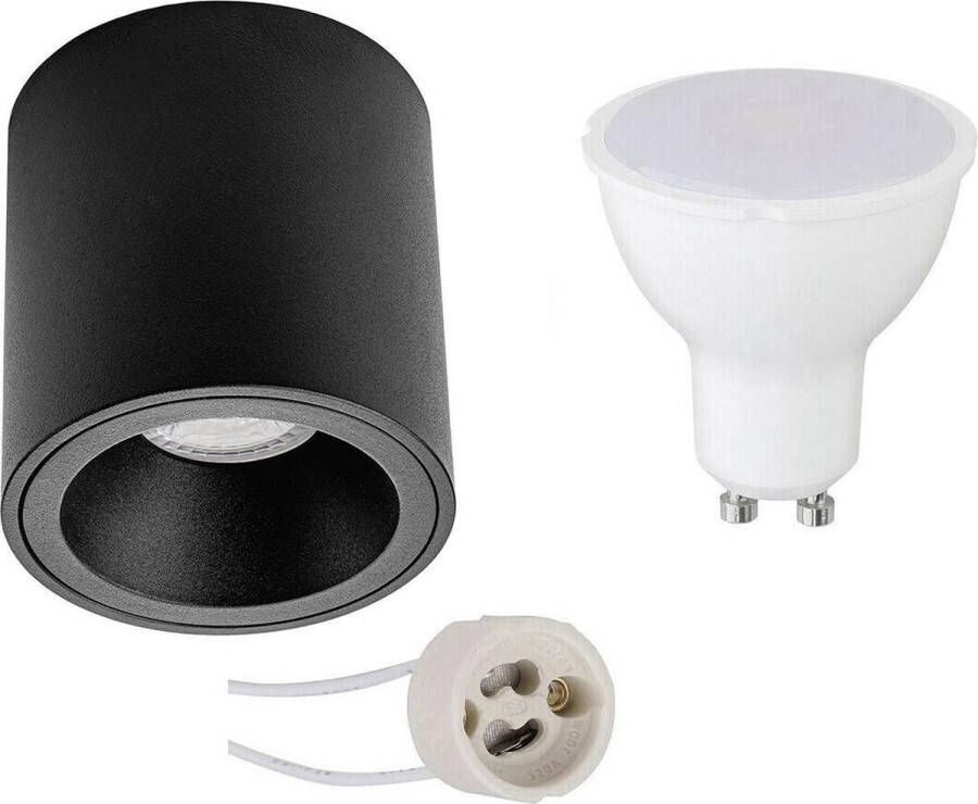 BES LED Opbouwspot Set Pragmi Cliron Pro GU10 Fitting Dimbaar Opbouw Rond Mat Zwart 6W Helder Koud Wit 6400K Verdiept Ø90mm